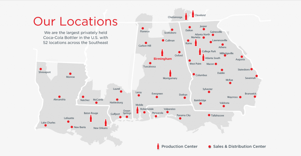 Coca-Cola UNITED map of locations, local bottlers