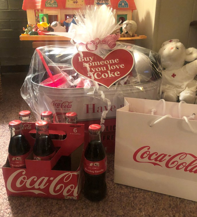 The gift basket Joyce received with her personalized glass bottles